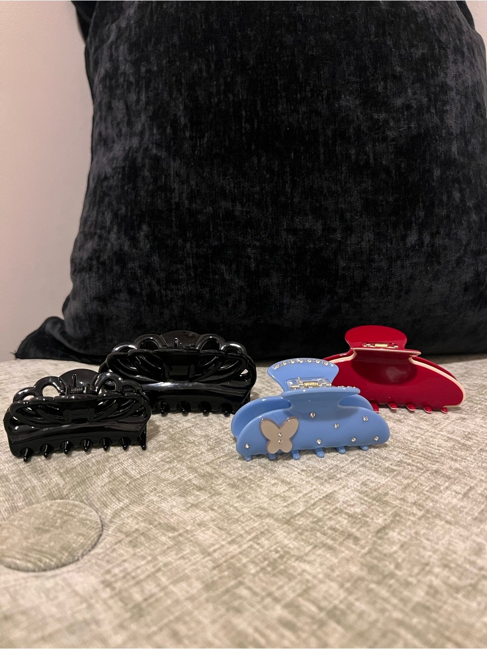 Hair Claw Clip Set - Black, Blue, Red (blue one slightly messed up on top)